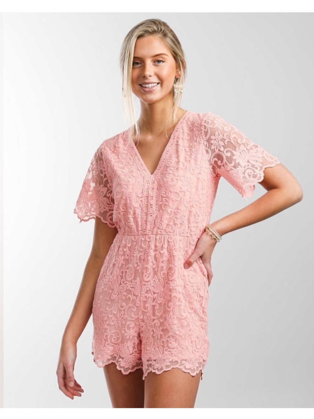 Daytrip Lace V-Neck Short Romper in Blush Pink